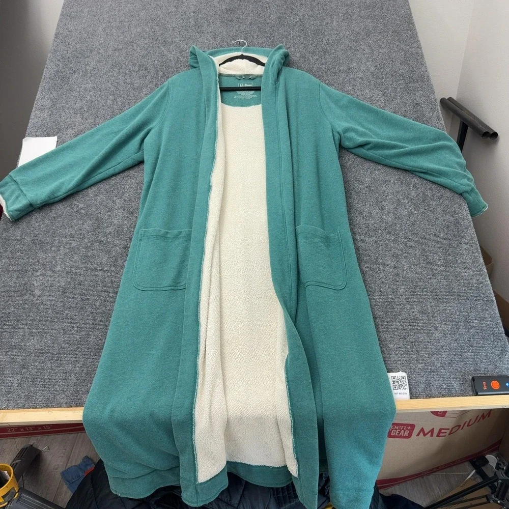 LL Bean Robe Womens M Green Cotton Polyester Hooded Sherpa Lined Gorpcore Cozy